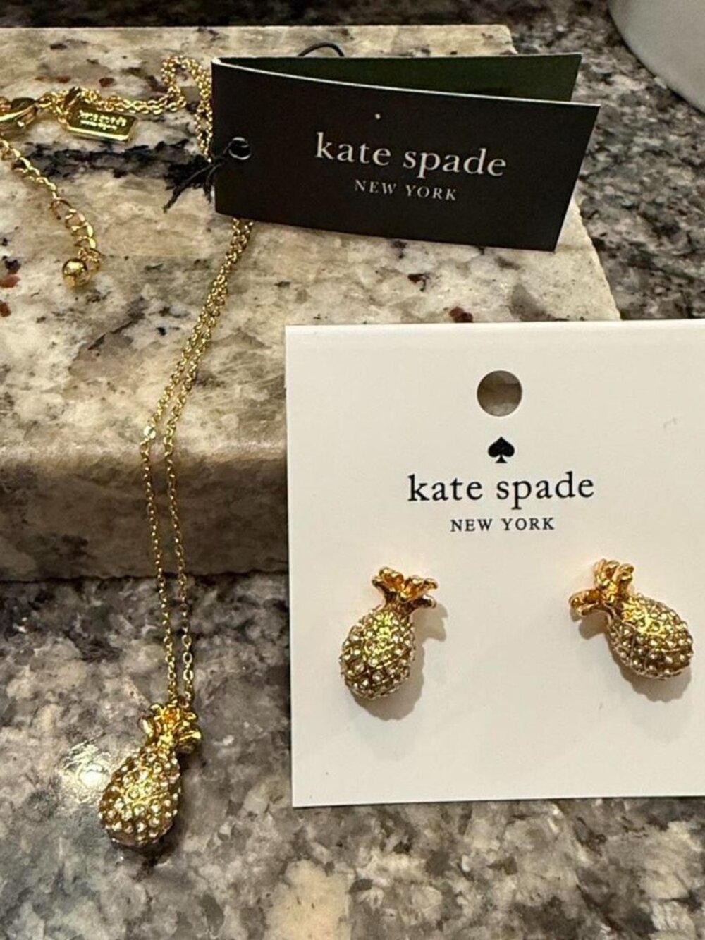 Kate Spade gold pineapple necklace and earrings